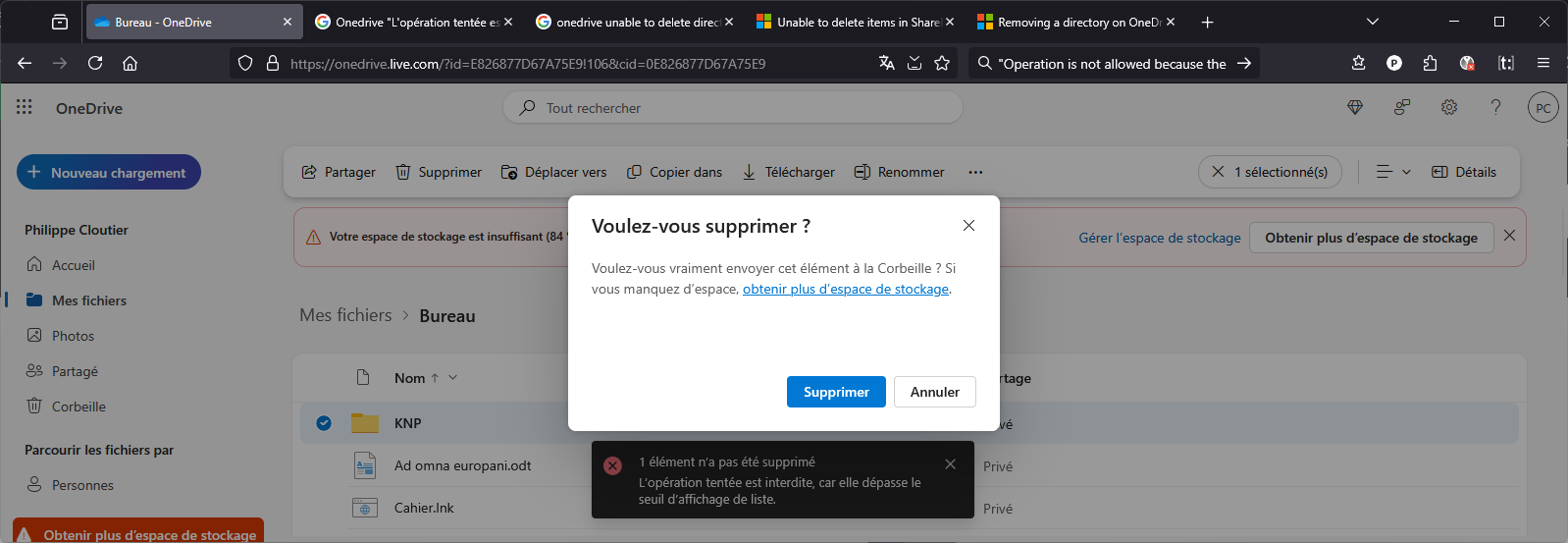 Capture d'écran de l'erreur